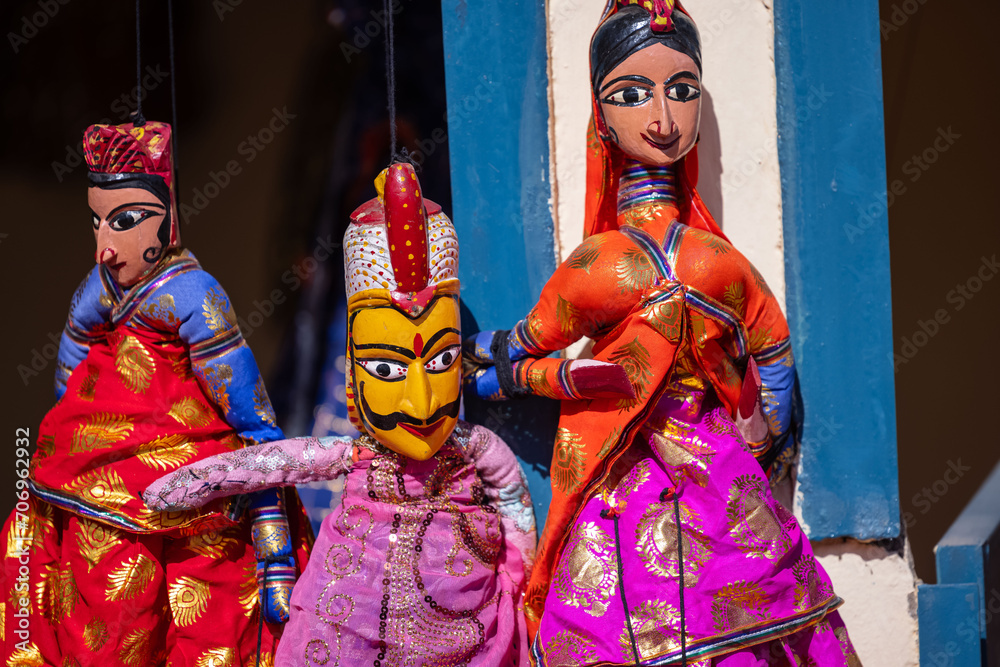 Indian colorful Rajasthani handmade Puppets and Crafts products at jodhpur. Selective focus.