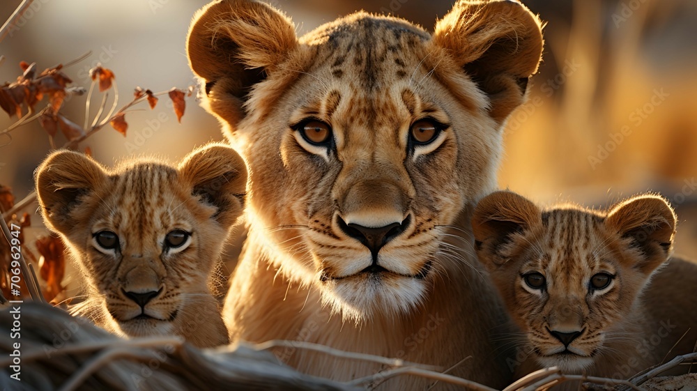 Obraz premium Lioness with her two cubs sitting on dry grassland. Generative AI. 
