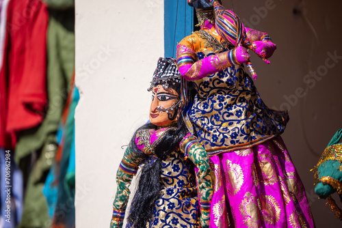 Indian colorful Rajasthani handmade Puppets and Crafts products at jodhpur. Selective focus.