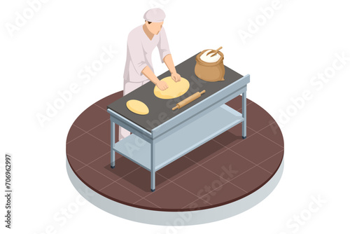 Isometric concept of Industrial bread production. Automatic bakery production line. Fresh hot baked bread.