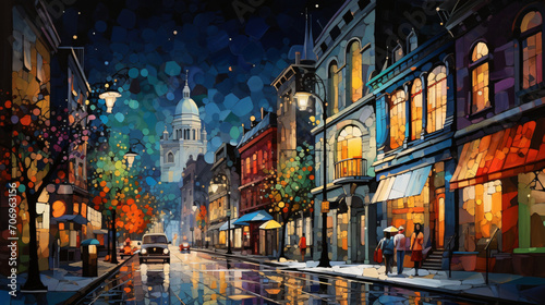 Colorful painting of night street illustration cityscape