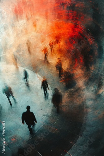 Blurred motion of people in an urban setting with a warm, abstract swirl effect