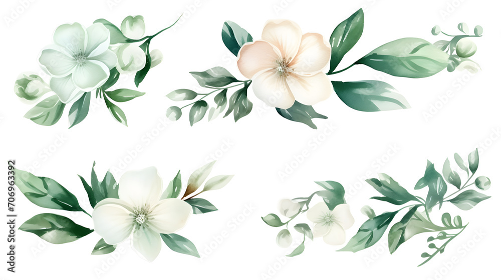 Watercolor drawing, set of white flowers and green eucalyptus leaves