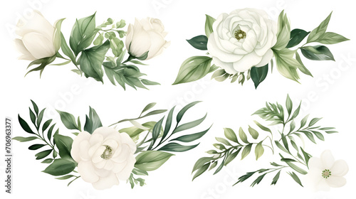 Watercolor drawing, set of white flowers and green eucalyptus leaves