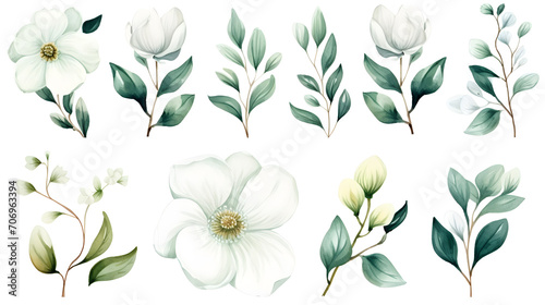 Watercolor drawing  set of white flowers and green eucalyptus leaves