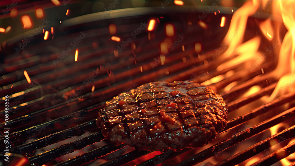 Cooking hamburger on a barbecue grill with flames, closeup Cooking hamburger on a barbecue grill with flames, closeup