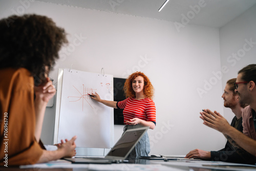 Young businesswoman leading a discussion during a meeting with her colleagues.