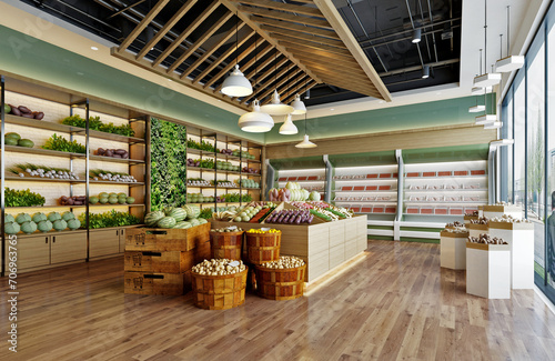 3d render. Grocery Market Interior Scene. photo