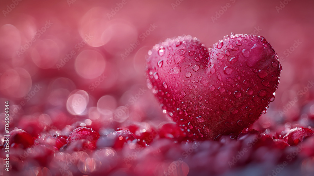 Pink big heart with drops of water on it on pink transparent background as symbol of S. Valentines day and love. Selective focus. Generated with AI 