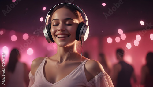 Relaxed smiling woman with closed eyes and headphones dancing in neon light. Music lover. Silent disco. Enjoy moment on shiny background. Selective focus. photo