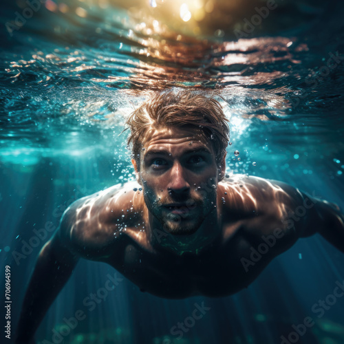 Underwater portrait of man at swimming pool.