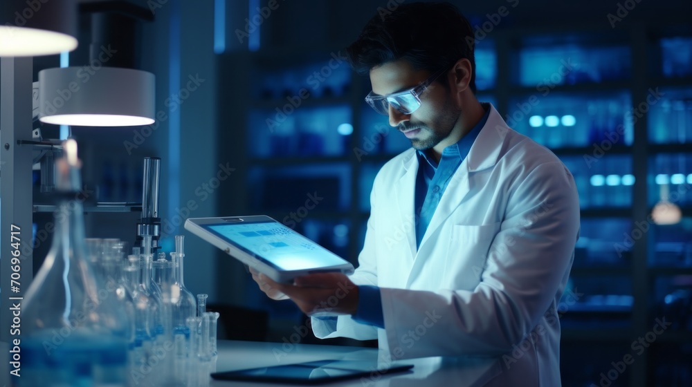 A handsome serious microbiologist, a male scientist uses a digital tablet to analyze drugs, DNA in a modern research laboratory. Genetics, medicine, advanced technologies, pharmaceuticals concepts.