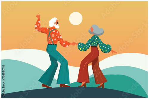 90s hippie lifestyle concept, old elderly man-woman, dancing on hill, nostalgia vintage illustration, minimal flat cartoon illustration