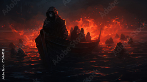 Dark men with glowing souls on a boat meet the grim
