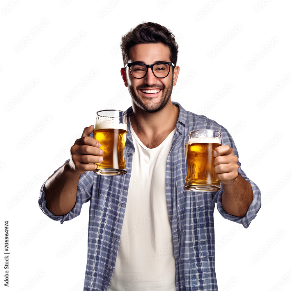 Portrait Happy Man Holding Two Beer Mugs, isolated on transparent background Portrait Happy Man Holding Two Beer Mugs, isolated on transparent background