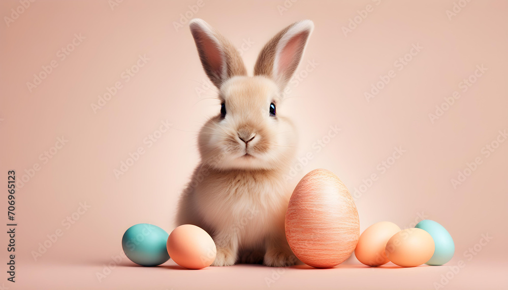 Fototapeta premium Cute easter bunny with easter egg with copy space in peach fuzz colours