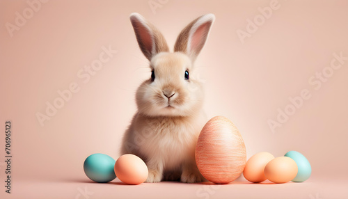Cute easter bunny with easter egg with copy space in peach fuzz colours © PhotoPhreak