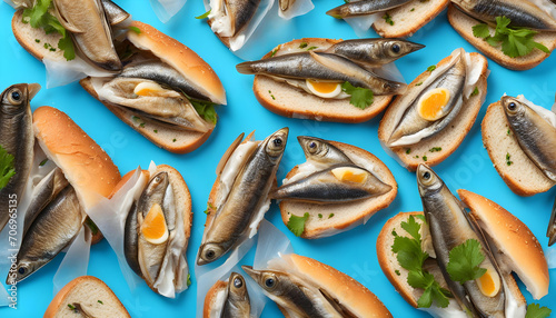 Tasty sandwiches with tinned smoked sprats on a blue background photo
