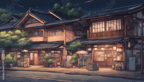 a beautiful japanese village town at night. train station with shop. anime comic art style. cosy lofi asian architecture.