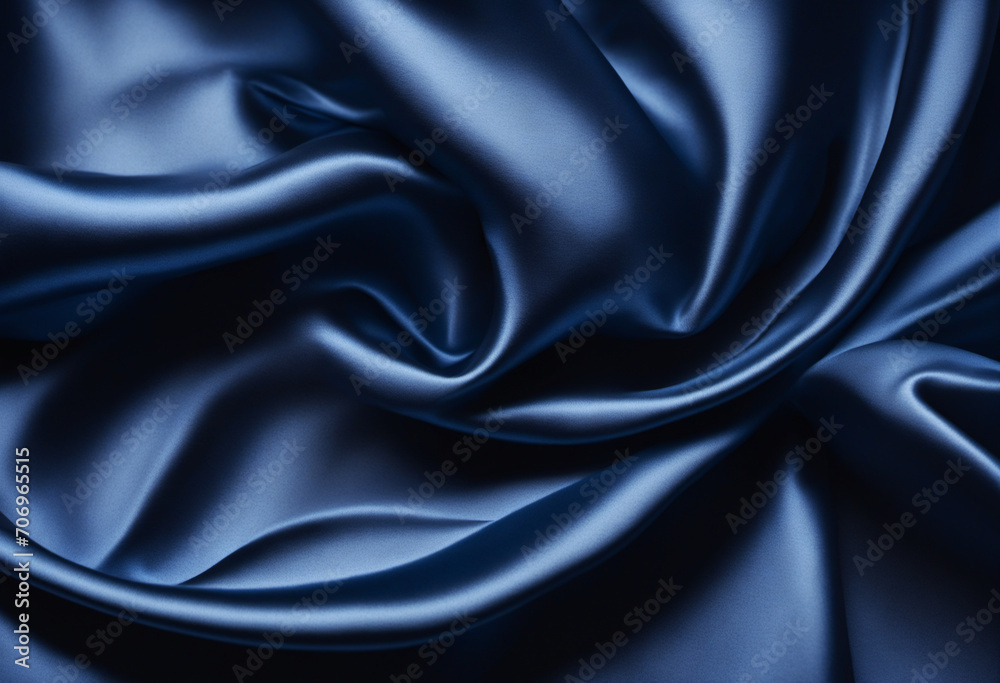 Fototapeta premium Dark blue elegant background. Crumpled satin texture background. The surface of a dark blue shiny fabric with nice folds.