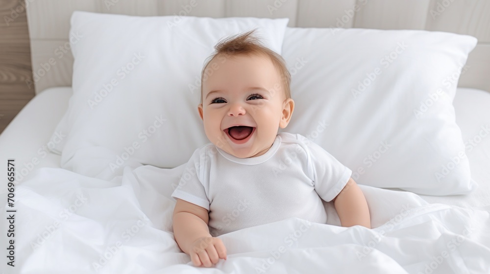 Happy healthy baby A smiling newborn baby is lying on white pillows on the bed at home. Happy healthy baby A smiling newborn baby is lying on white pillows on the bed at home.