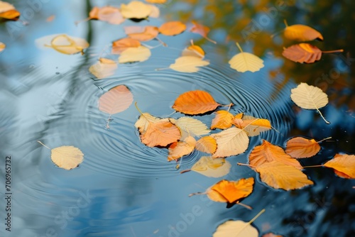 Colorful fall leaves in pond lake water  floating autumn leaf.