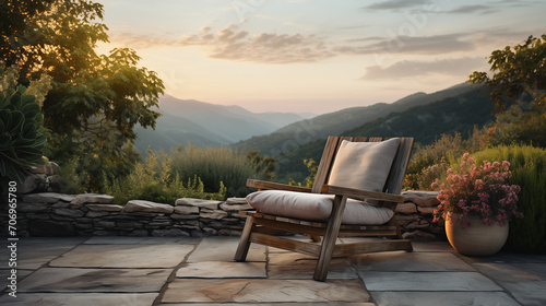 Empty chair in a stone and wooden terrace of a cottage in mountain village, face to beautiful mountain landscape view. Poster, Banner. Vacation and tourism concept. Caucasian mountains