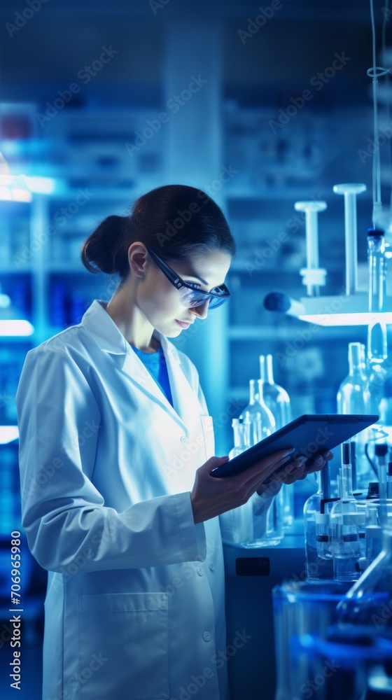 Closeup of a beautiful microbiologist woman using a tablet computer to study viruses, DNA analysis in a modern high-tech laboratory. Genetics, medicine, advanced technologies, pharmaceuticals concepts Closeup of a beautiful microbiologist woman using a tablet computer to study viruses, DNA analysis in a modern high-tech laboratory. Genetics, medicine, advanced technologies, pharmaceuticals concepts