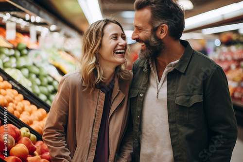 Happy adult couple walking inside supermarket or market in vegetables and fruits department area smiling and laughing together having fun. Choosing in the groceries. People and house bills expenses photo