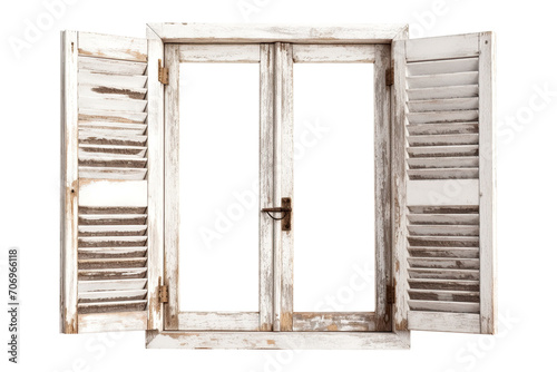 Old Retro White Wooden Window Shutters Isolated on White and PNG Transparent Background. Window Frame for Picture photo