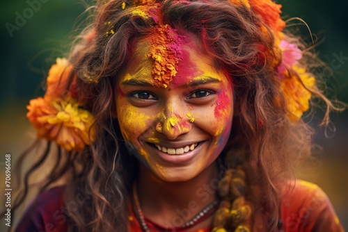 Young women paint happy faces and soil in the joy of Holi, generative ai
