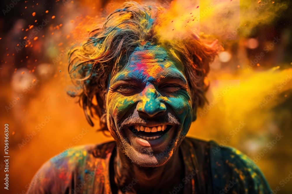Smiling man in vibrant Holi festival portrait with colorful powder, generative ai