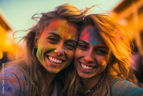 two young beautiful women are enjoying holi festival together, with paint on their faces, paint on the ground, generative ai