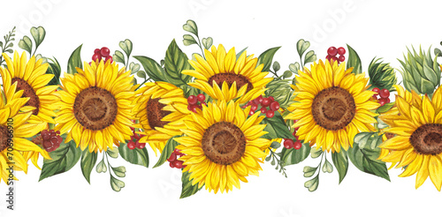 Fototapeta Naklejka Na Ścianę i Meble -  Watercolor sunflower seamless border. Floral illustration for paper, stationery, fabric, cards, packaging, scrapbooking. Summer or autumn design. Border on a transparent background