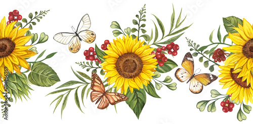 Watercolor sunflower seamless border. Floral illustration for paper, stationery, fabric, cards, packaging, scrapbooking. Summer or autumn design. Border on a transparent background