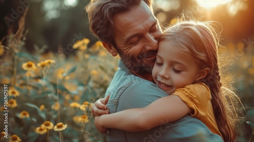 Happy loving family. Father and his daughter child girl playing outdoors