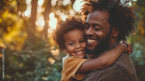 Father, bonding kiss and boy child hug happy in nature with quality time together outdoor.