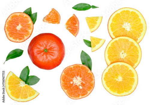  Tangerine and lemon slices isolated on a white background, top view