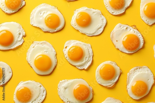 Fried eggs pattern on yellow background, Top view