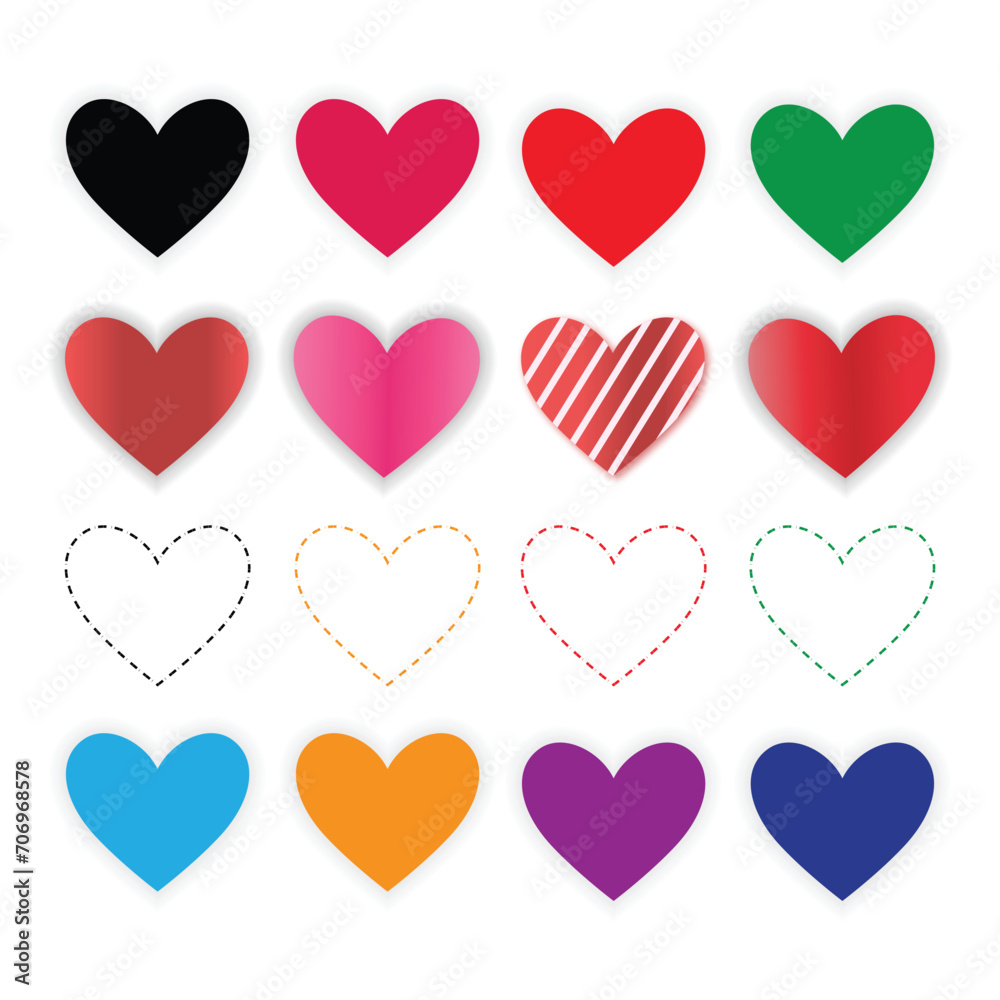 Heart vector icons. Red and white hearts. Set of heartbeat icon on isolated background.