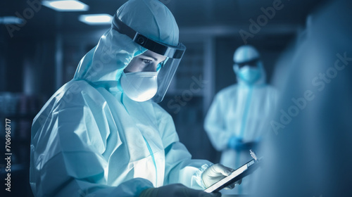 Close-up of a female epidemiologist wearing a protective suit and mask holding a report on the study of a virus, infection in a laboratory, hospital. Modern technologies, science, healthcare concepts. photo
