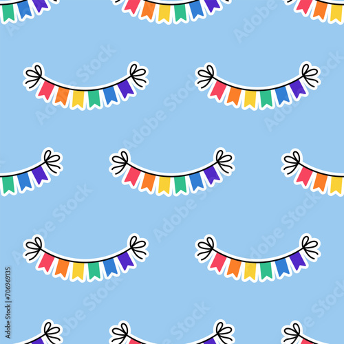 Seamless Pattern with Rainbow colored flags, garland. LGBT sticker in doodle style. LGBTQ, LGBT pride community Symbol. Vector illustration. photo