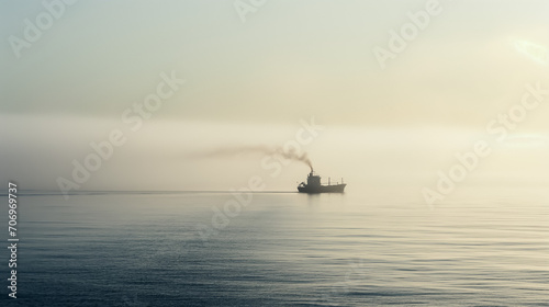 un petit bateau de pêche navigue sur une mer calme et brumeuse photo