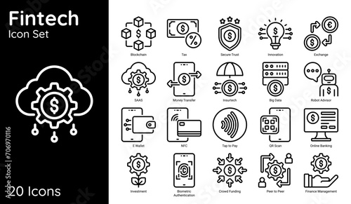 Set of fintech icons. Line art style. Vector icons.