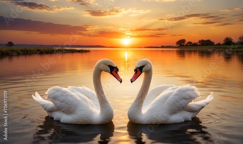 swans on the lake at the sunset