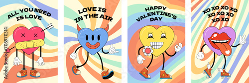 Happy Valentines Day greeting card. Groovy art typography poster. Retro funky cartoon heart characters. Valentine holiday vintage hippy hearts mascots. Crazy hippie love placard set. Trendy y2k banner