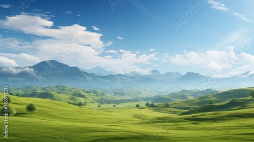 A breathtaking panoramic landscape showcasing rolling hills covered in fresh green grass, a vast blue sky above with wispy clouds, and a dramatic mountain range in the distance. © SardarMuhammad
