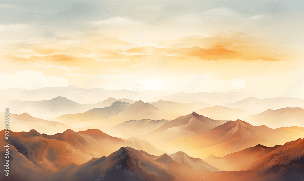 Watercolor painting of mountain shapes at dusk / sunrise / sunset pastel colors background backdrop 