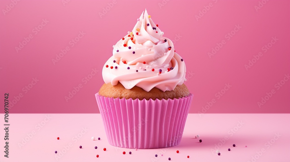 Pink birthday isolate cupcake with pink background Pink birthday isolate cupcake with pink background