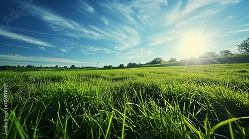 A breathtaking view of a neatly trimmed green meadow, the blades of grass reflecting the sunlight, set against a sky of deep blue with wispy clouds, embodying the beauty of summer. © SardarMuhammad